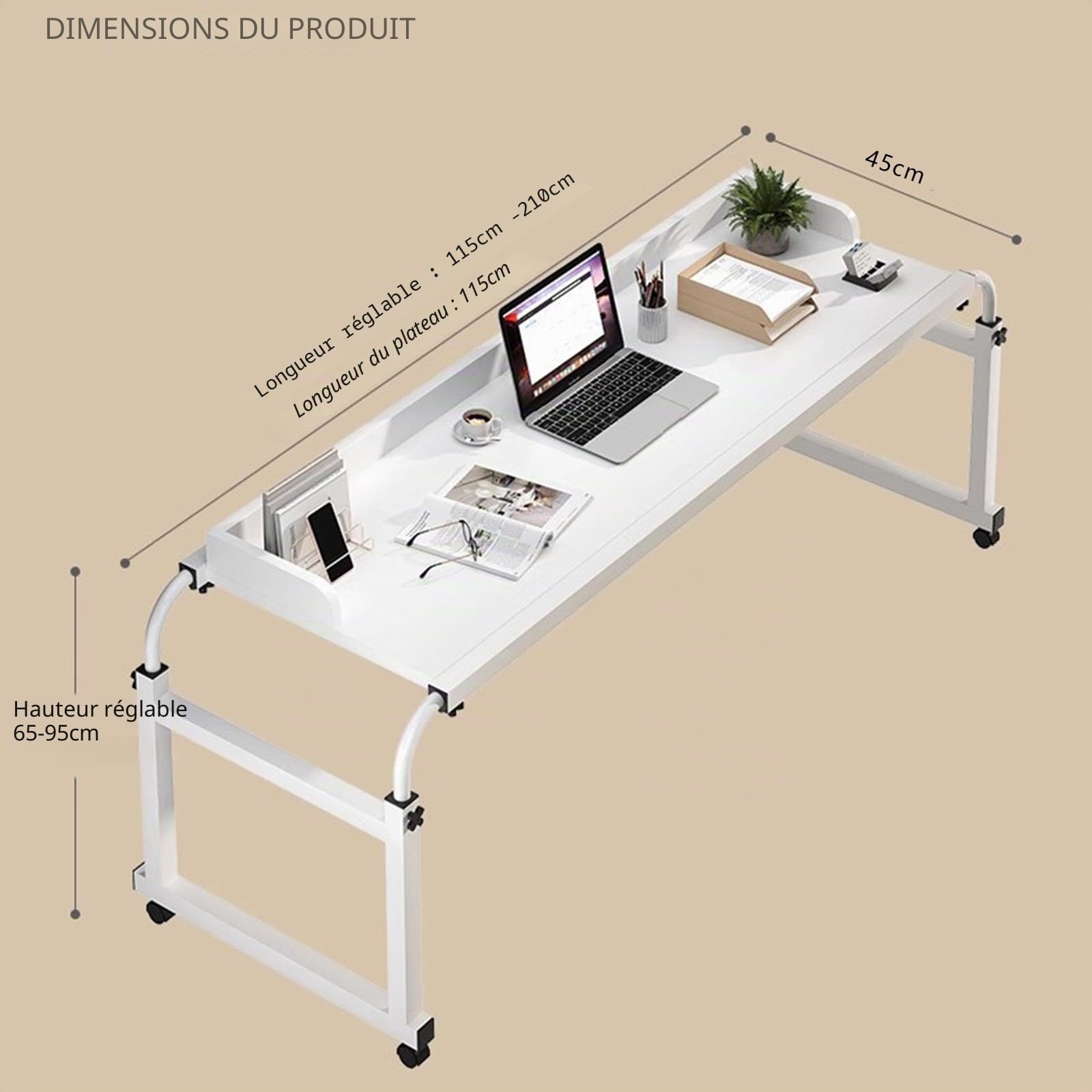 Table De Lit Roulante RéGlable,Hauteur Et Largeur RéGlables Au-Dessus du Lit Table MéDicale Roulante De Bureau De Plateau De Nourriture Table D'Ordinateur A Roulette(Color:Blanc)