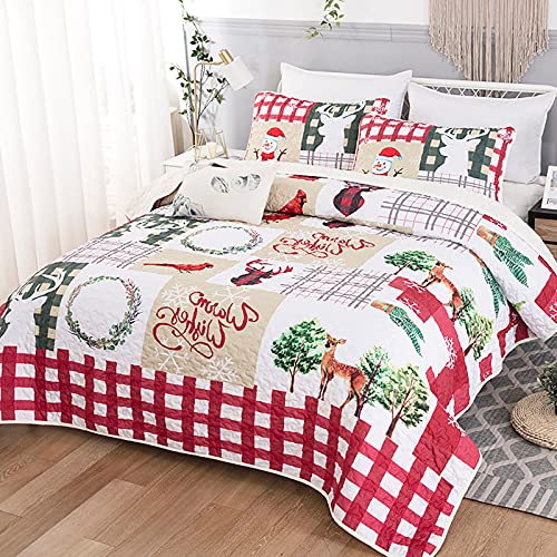WONGS-BEDDING-Christmas-Quilt-Set-King-Rustic-Christmas-Tree-Snowman-Cardinal-Holiday-Wreath-Pattern-Bedding-Solid-Bedspread-Coverlet-with-2-Pillow-Shams-for-All-Season-Soft-Microfiber-Quilt-103×90 WONGS BEDDING Christmas Quilt Set King Rustic Christmas Tree Snowman Cardinal Holiday Wreath Pattern Bedding Solid Bedspread Coverlet with 2 Pillow Shams for All Season Soft Microfiber Quilt 103×90