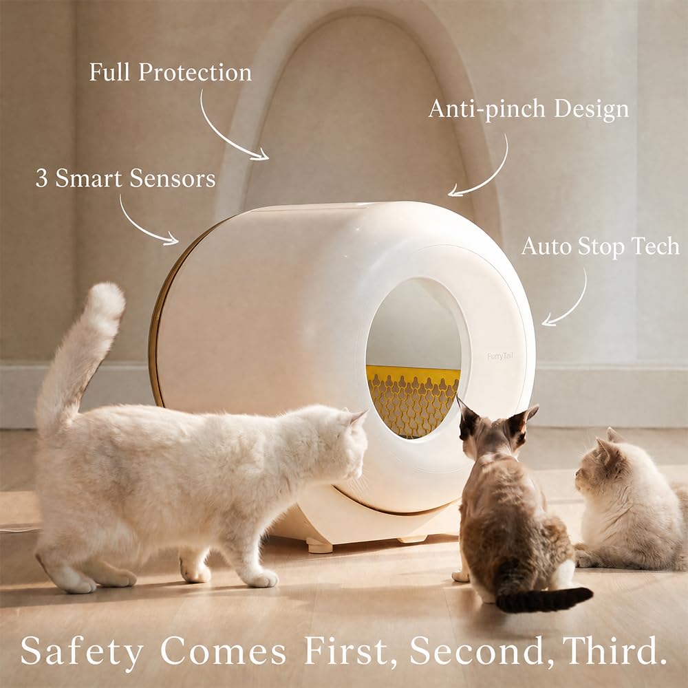 Furrytail Lettiera autopulente per gatti con luce notturna, colore: bianco | Controllo degli odori, interno spazioso e grande capacità del cestino, include 40 sacchi per rifiuti
