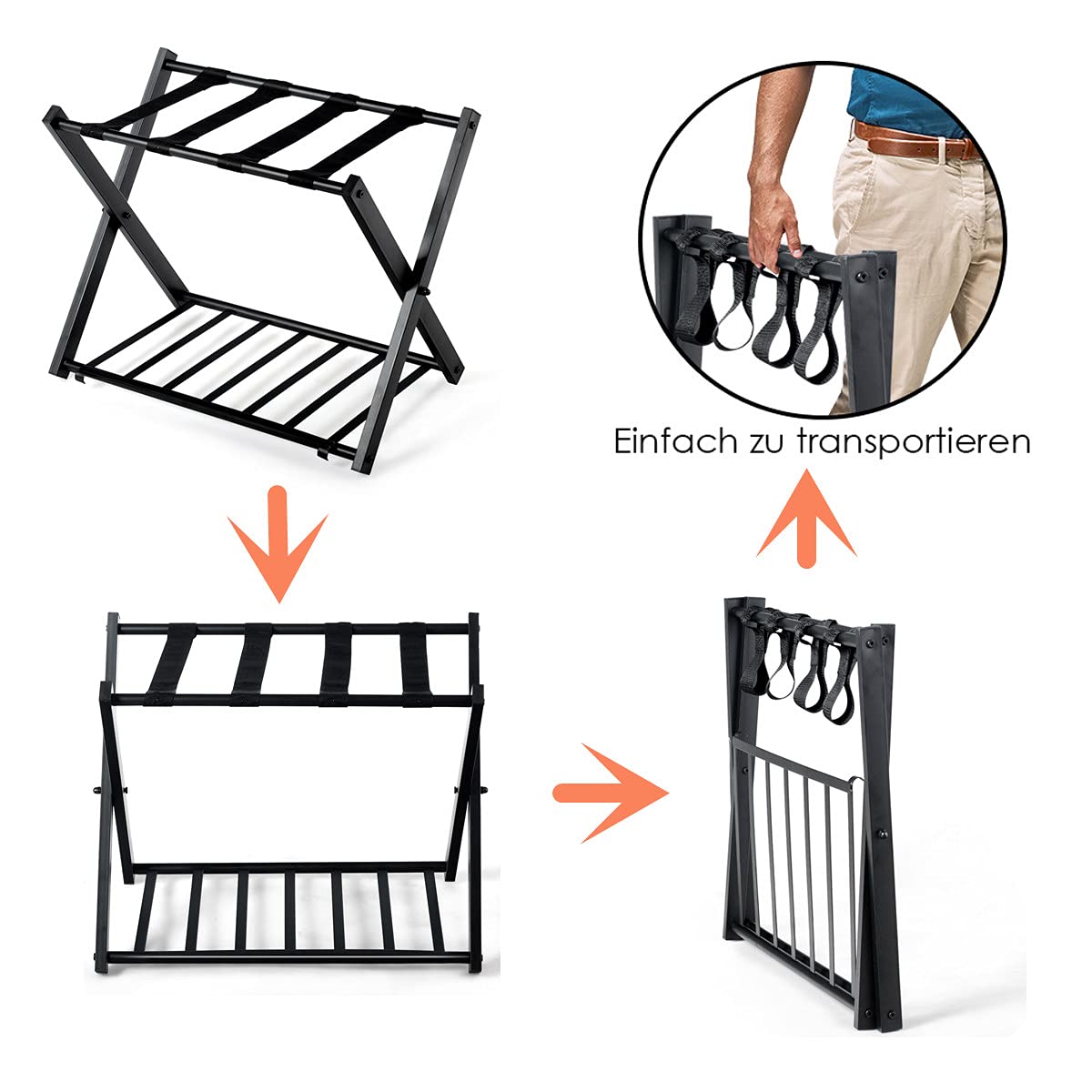 RELAX4LIFE Kofferständer Metall, Kofferablage mit 2 Ebenen, Gepäckablage klappbar, Kofferbock mit 4 Gurten, Gepäckständer für Schlafzimmer Gästezimmer Hotel, Kofferablage für Gepäck, Schwarz (2 Pack)