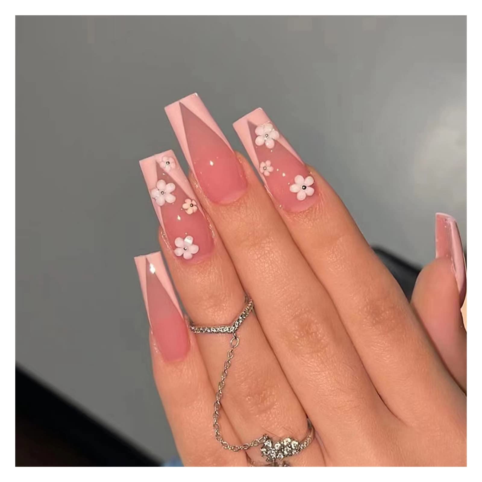 24 Stück rosa französische künstliche Nägel, langes Ballett-Strass-Design, falsche Nägel zum Aufdrücken, vollständige Abdeckung, Acryl-Nagelspitzen, Maniküre-Set, Korea,