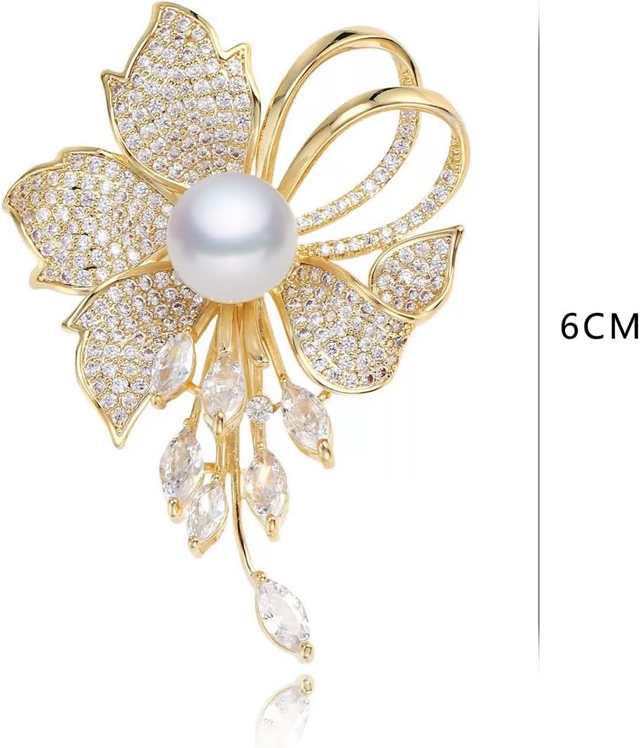 Golden Pearl Flower Brooch for Women, Crystal Floral Pin with Dangle Rhinestones, Elegant Wedding Dress Scarf Coat Brooch, Fashion Jewelry Accessory