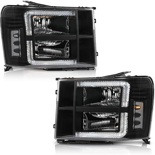 PIT66 LED DRL Headlight Assembly Compatible with GMC Sierra 1500 2007-2013/Fit Sierra 2500HD 3500HD 2007-2014 (Not Fit 2007 Classic) Clear lens Black Housing Clear Reflector Headlamps Front Lights