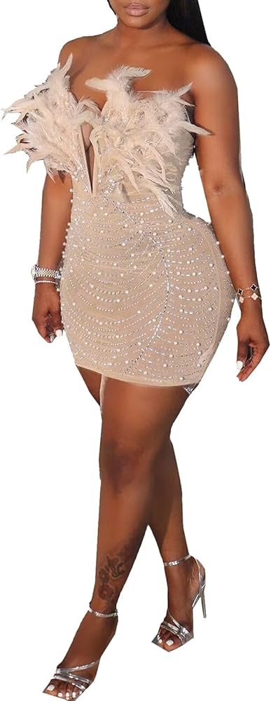 Amazon.com: Mojessy Elegant Feather Rhinestone Mini Dress for Women Mesh  See Through Bodycon Zip Up Sleeveless Backless Dresses Apricot M :  Clothing, Shoes & Jewelry