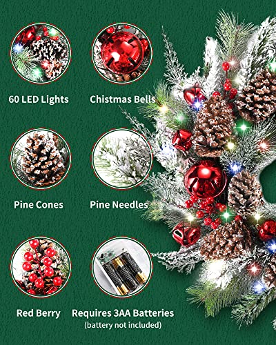 Ddhs Christmas Wreaths For Front Door,24 Inch Pre-Lit Winter Wreath With Big Bells, Pine Cones, Red Berries 60 Led Lights, For Party Table Fireplaces Porch Walls New Years Christmas Home Decor-Snow #TOP2