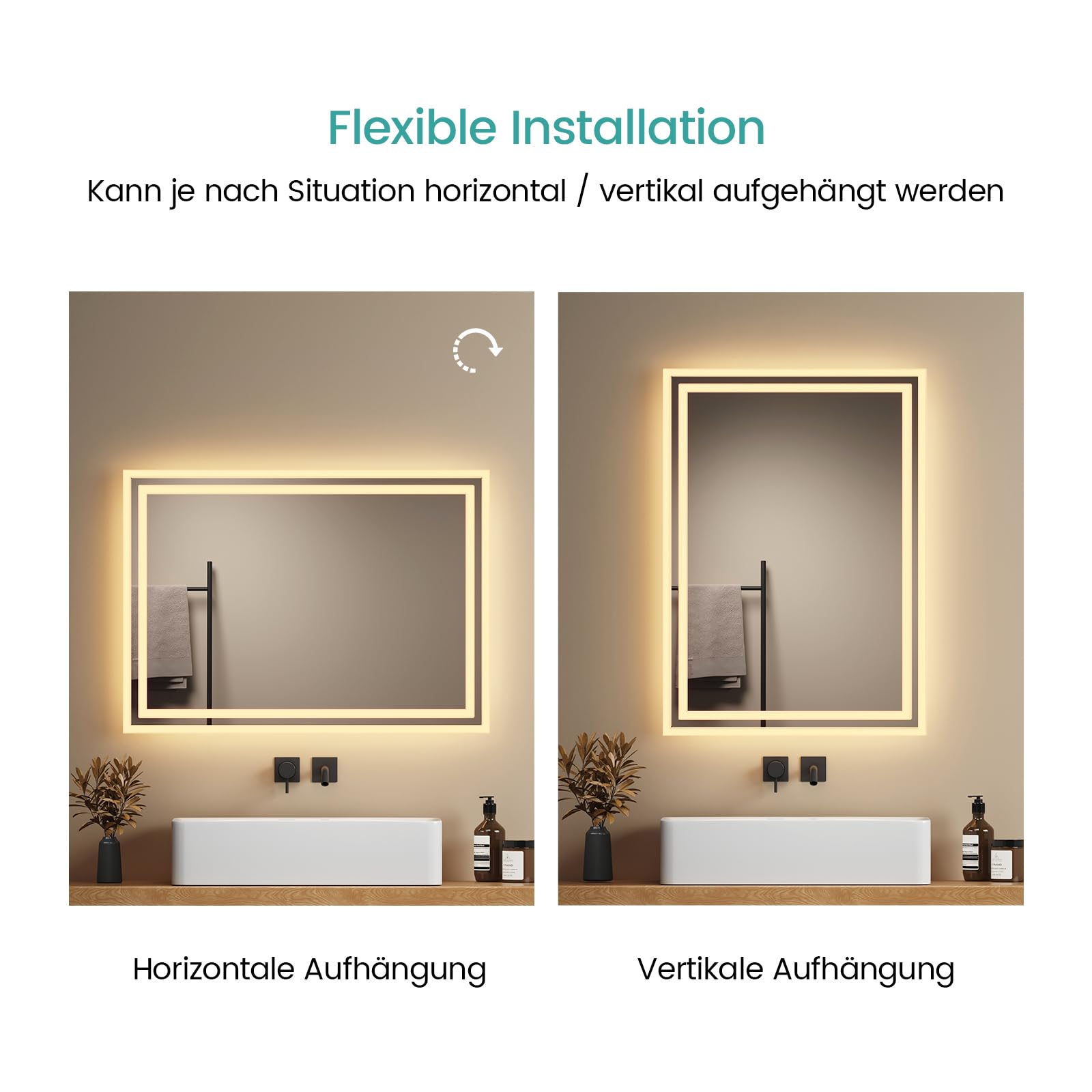 EMKE Badspiegel mit Beleuchtung 50x70cm, Badezimmerspiegel mit Warmweiß Licht 3000K, Wandschalter, badezimmerspiegel mit licht ideal für Badezimmer