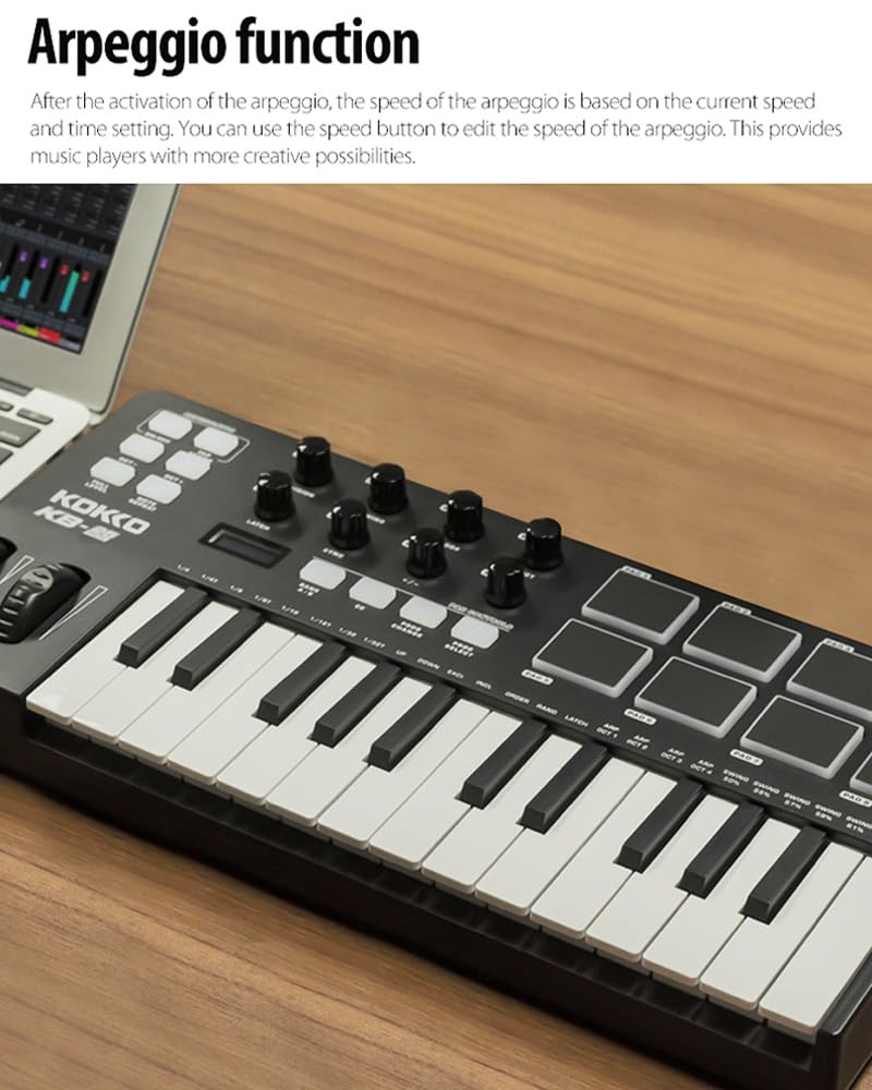 AZOR KOKKO MIDI Keyboard, Mini KB-25 25 Key MIDI Controller mit 8 hintergrundbeleuchteten Drum-Pads, 8 Reglern und Pitch Bend Wheel, Modulationsrad für Musikproduktion, Cubase LE Software enthalten