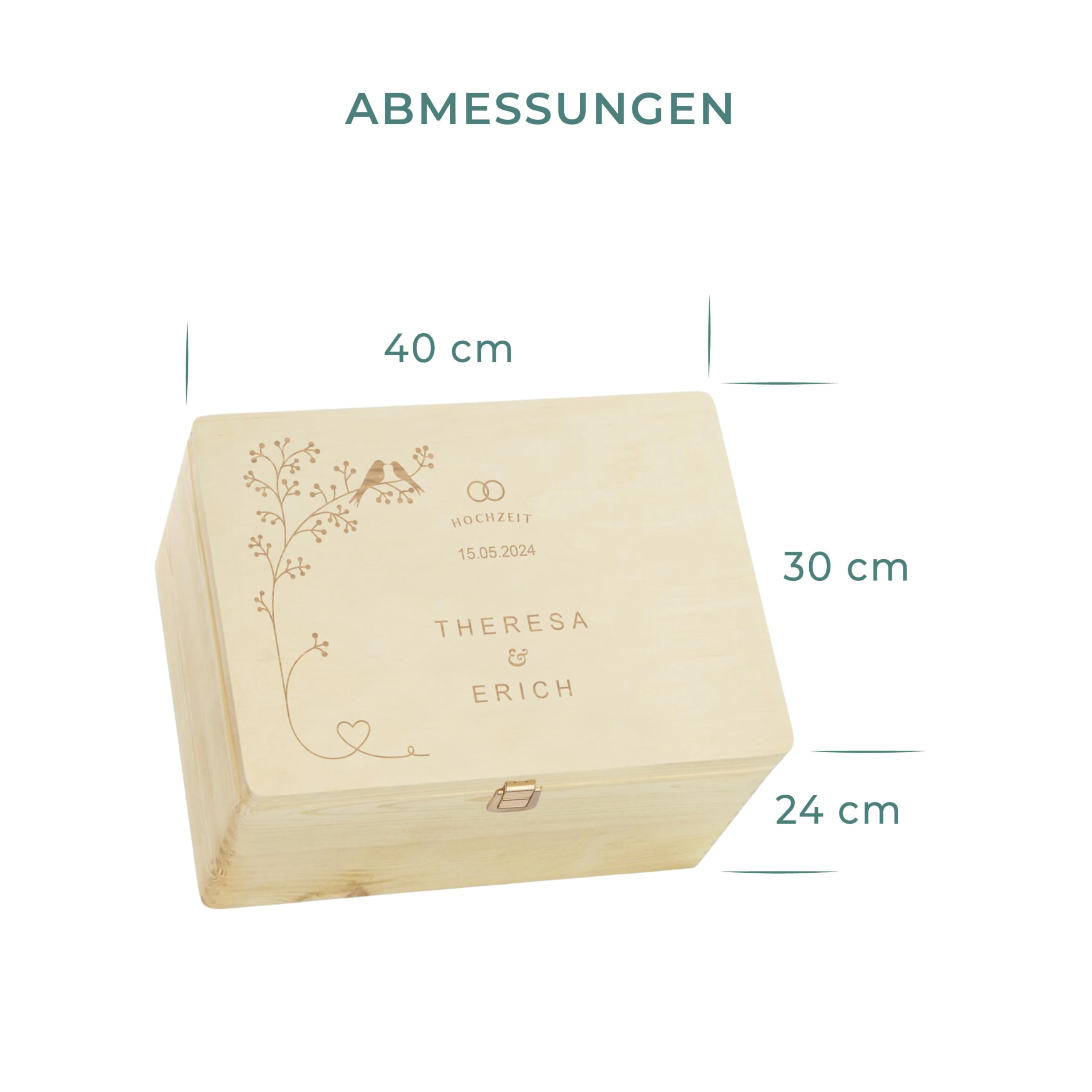 LAUBLUST Personalisierte Hochzeitskiste Erinnerung - Geschenkkiste Hochzeit mit Gravur - Vogel-Pärchen | Personalisierte Geschenke für Brautpaar - FSC® (Natur mit Verschluss, ca. 40 x 30 x 24 cm | XL)