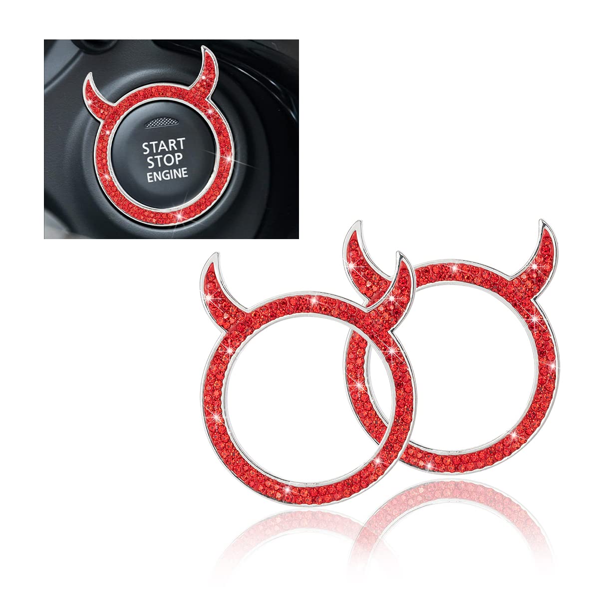 zipelo Bling Crystal Car Engine Start Stop Decoration Ring, 2 PCS Little Devil Sparkly Rings for Auto Decor, Rhinestone Push Start Button Stickers Rings, Auto Interior Decorative Accessories (Red)