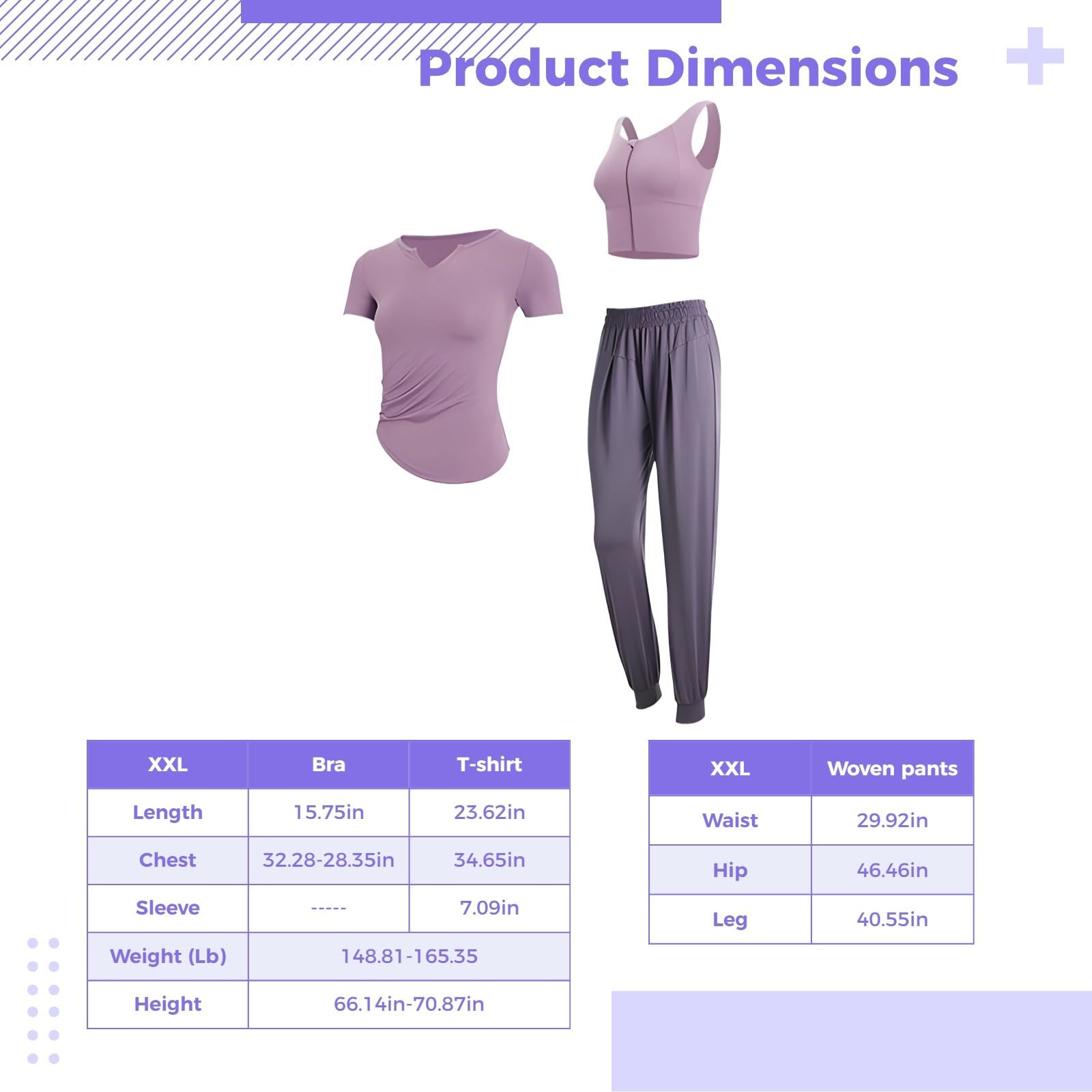 Conjunto de entrenamiento de 3 piezas para mujer, tela transpirable y suave, camiseta de manga corta, camiseta sin mangas, pantalones largos, Morado (, Talla única