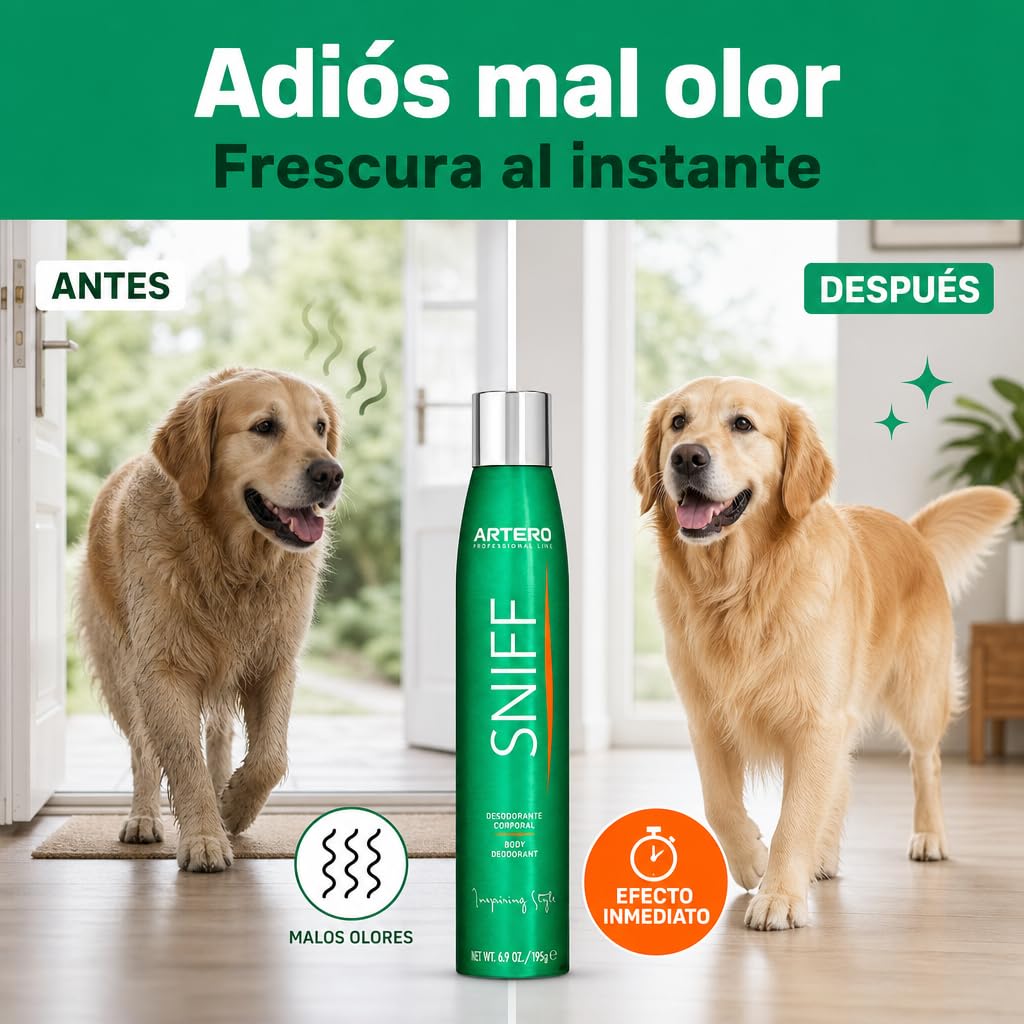 ARTERO Sniff Desodorante para Perros 300ml - Elimina Mal Olor Instantáneamente, Spray Corporal de Larga Duración, Apto Cachorros y Adultos, Vegano, Sin Parabenos