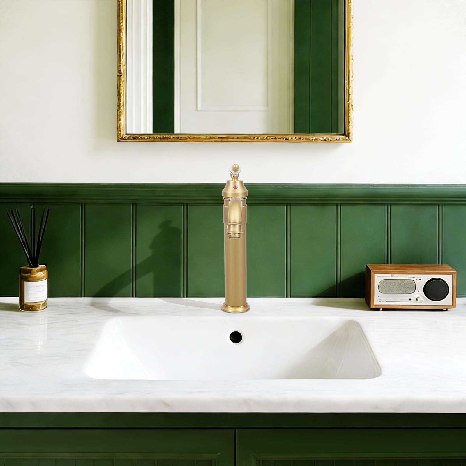Grifo para lavabo (latón antiguo, un solo orificio, giratorio 360°, para cuarto de baño) | Cartucho de cerámica, denso, duradero, inoxidable, no destiñe, ahorra agua, frío y caliente, listo para montar