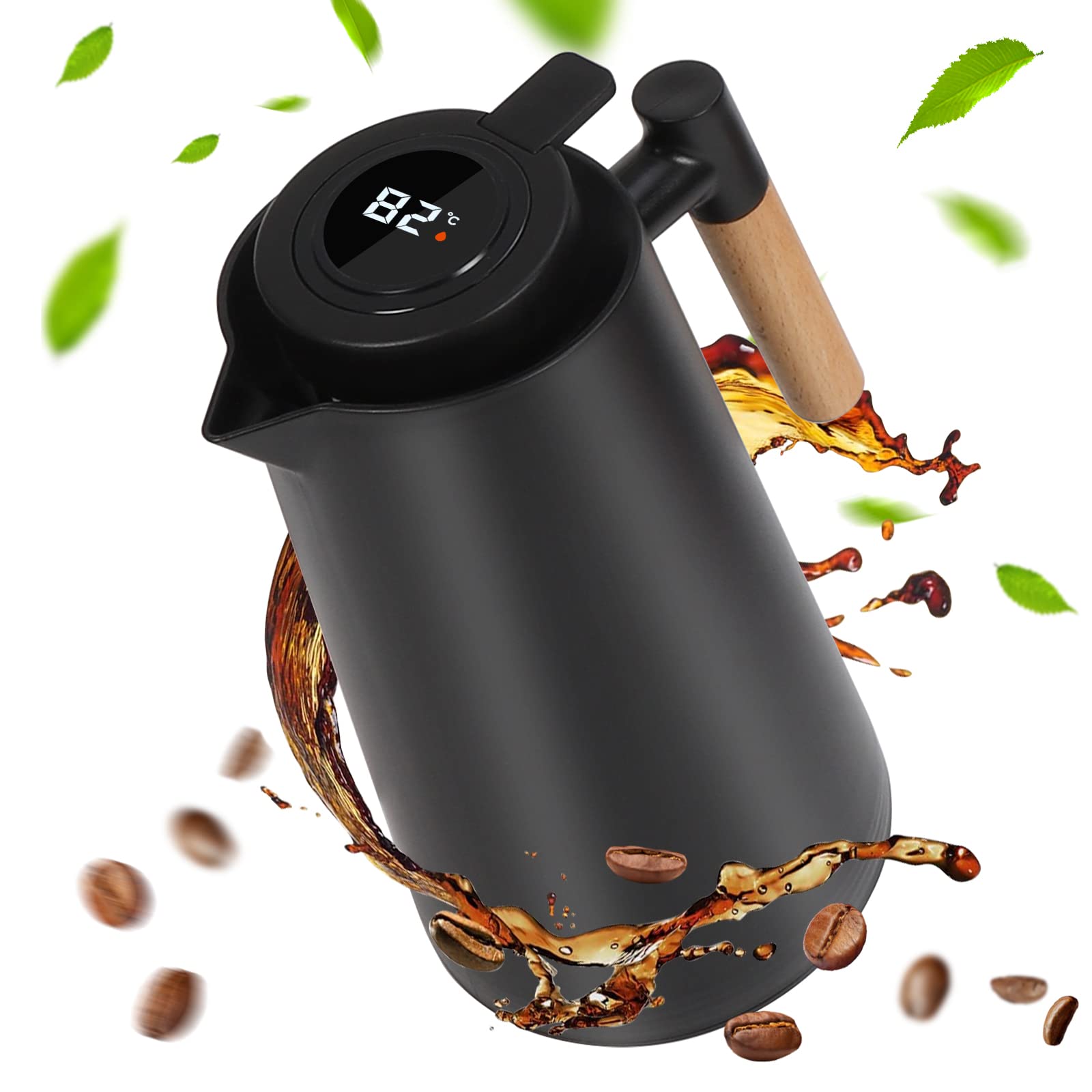 Dreamhigh® Thermoskan, 1 liter, thermoskan met temperatuurweergave, goed afgedichte koffiepot (geen lek, geen druppel), elegant zwart