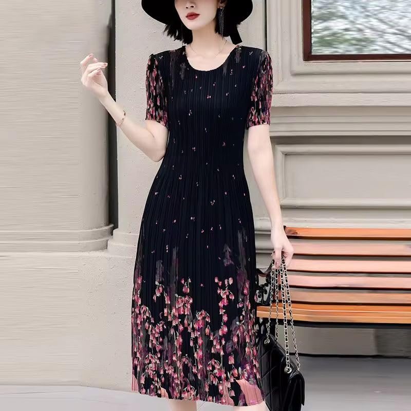 Robe midi florale extensible et douce, coupe ajustée à manches courtes