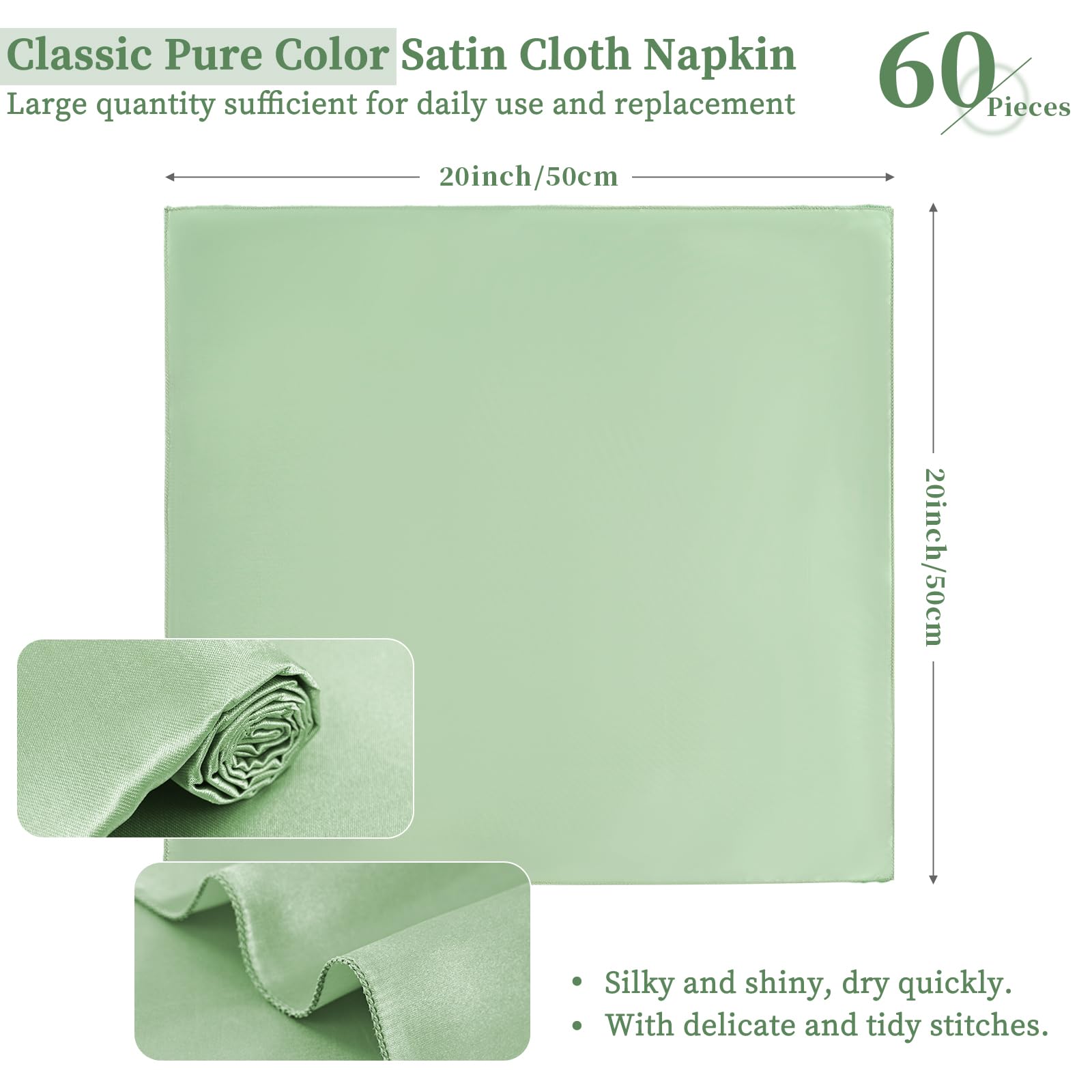Lot de 60 serviettes de table carrées en satin douces et lavables pour mariage, banquet, restaurant, fête - 50,8 x 50,8 cm - Vert sauge