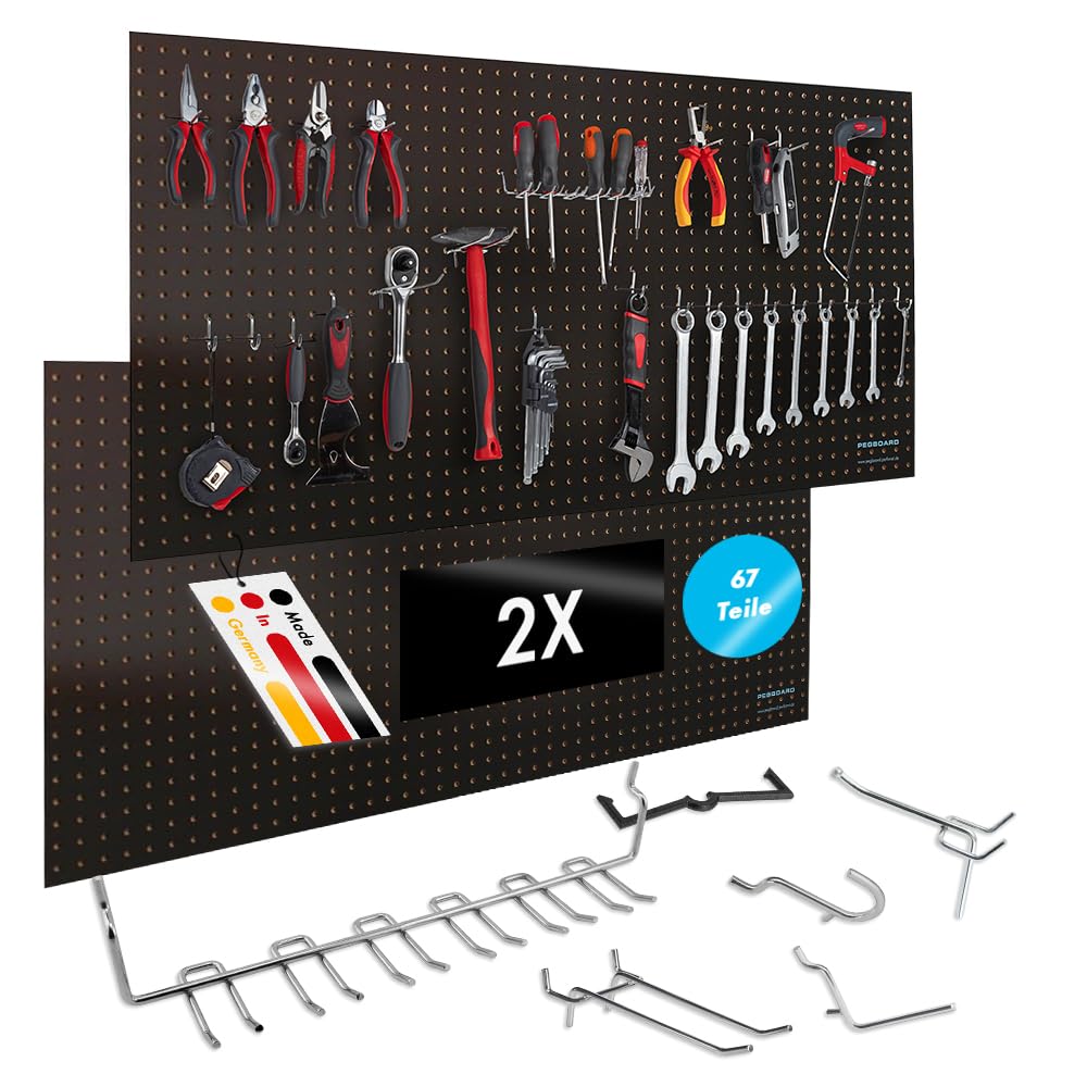 Pegboard 2x Werkzeugwand aus Holz (MDF) inkl. 67-teiligem Hakenset - 120x60x0,5cm schwarz/braun, Ø7mm Löcher & 25,4mm Lochabstand - für Werkstatt und mehr - FSC-zertifiziert & Made in Germany