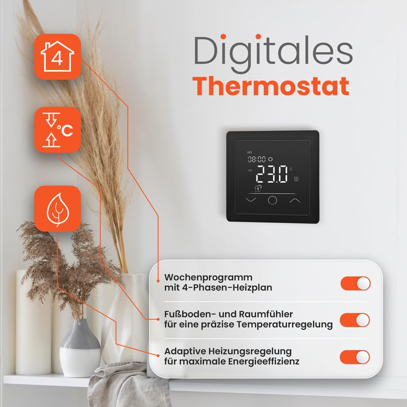 Touchthermostat, Heizungsthermostat – Digital Thermostat Heizung, Thermostat Fußbodenheizung, Thermostat Heizung (Schwarz)
