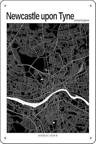 Newcastle Black & White Map Metal Sign 12x8 Wall Decor