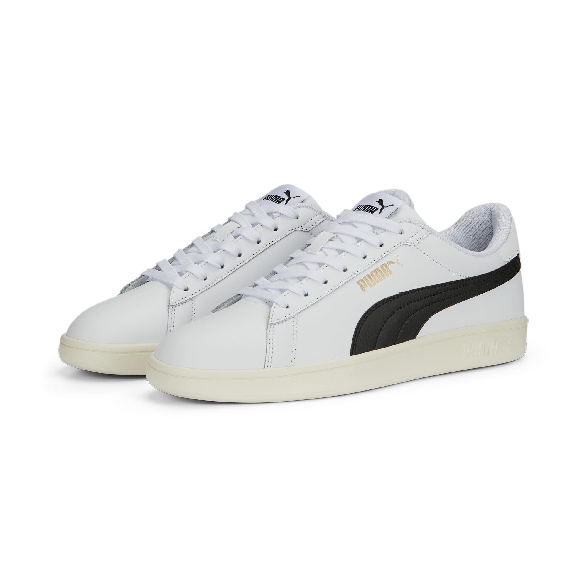 PUMA Mens Smash 3.0 Leather Sneaker, PUMA Mens White-PUMA Mens Black-PUMA Mens Gold-Frosted Ivory, 9