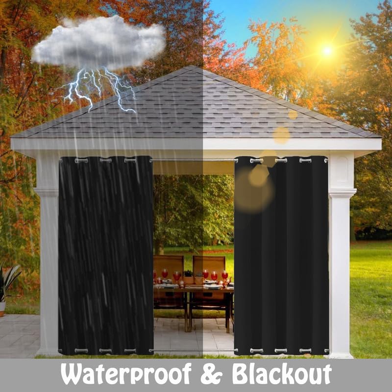 FicaRico Weighted Windproof Outdoor Curtains for Patio with Grommets On Top and Bottom, Waterproof Blackout Curtains for Pergola, Gazebo, Customizable Sizes, 1 Panel, W52 xH72, Black