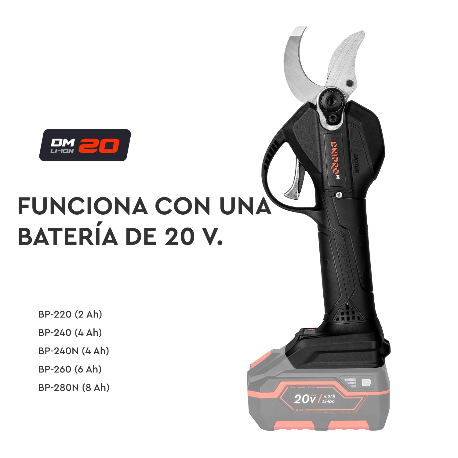 Tijeras de Podar a Batería 20V Sin Escobillas, Corte 45mm, Acero SK5, 2000 Cortes/Carga - DPS-200BC ULTRA + Batería 4.0Ah + Cargador
