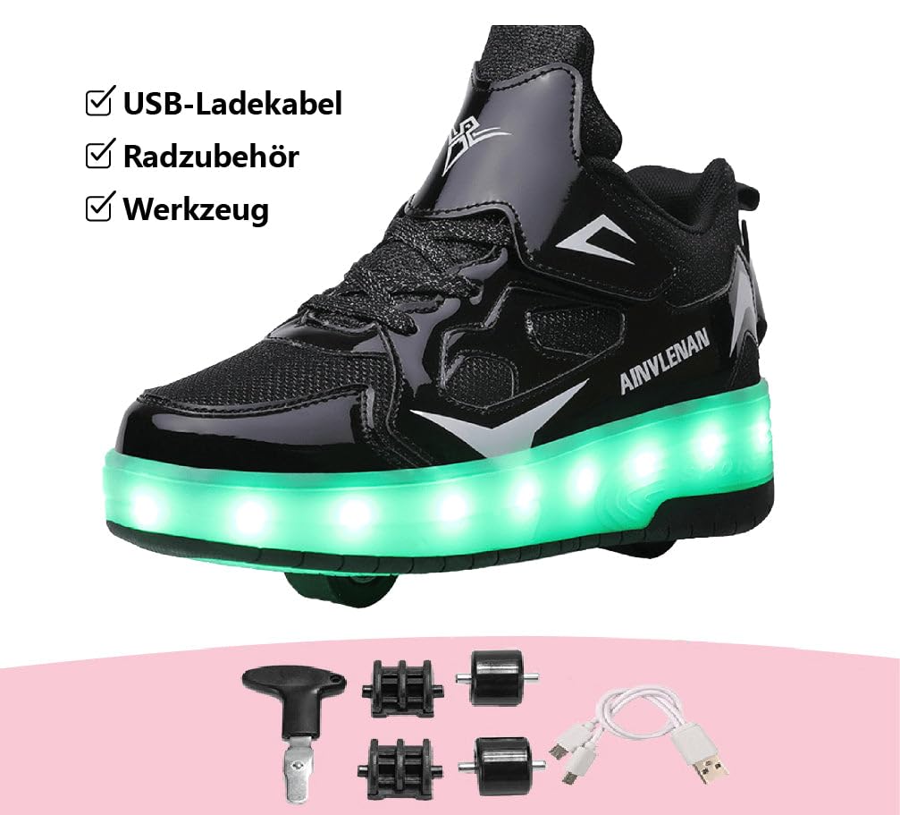 Sneaker per Bambini,Scarpe da Skateboard a Due Ruote,Luce a Cambio Colore Regolabile,Ricarica USB,universali per Ragazzi e Ragazze,Nero Rosa Oro Argento 27–40 EU