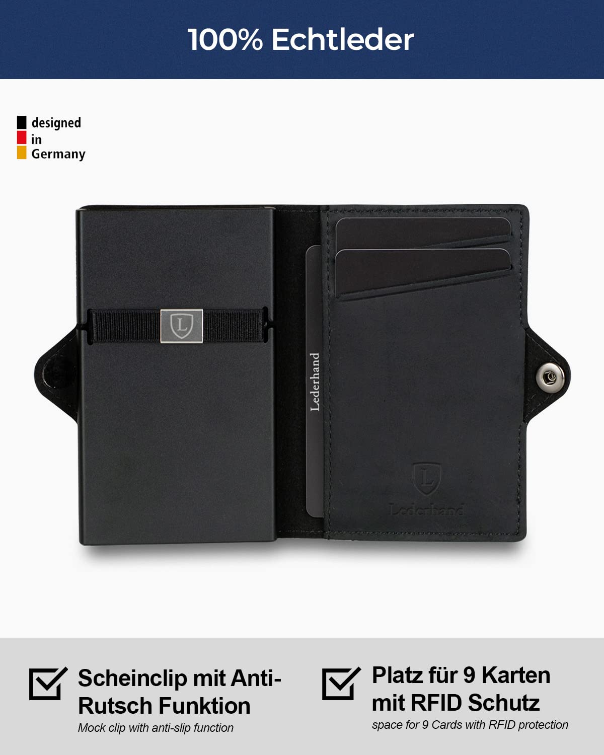 Lederhand® Aventus Wallet – Leder Geldbörse handgemacht für Herren und Damen Portemonnaie Aluminium Kartenhalter mit Münzfach und Platz für 9 Karten mit RFID NFC Schutz Farbe|(Schwarz)