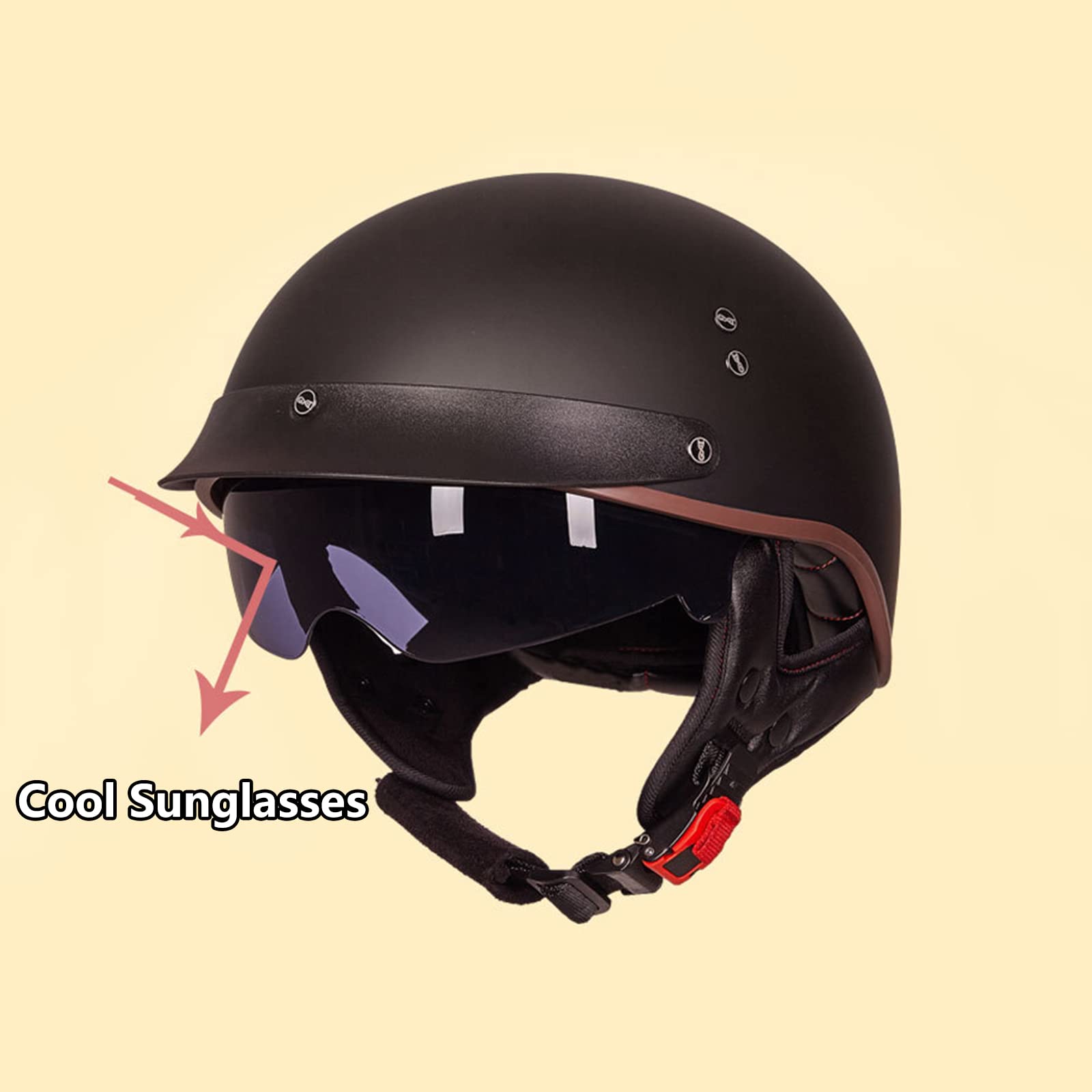 Mezzi Caschi Da Motociclista In Pelle Stile Tedesco Retrò Con Visiera, Mezzo Casco Jethelm DOT/ECE Certificato Vintage Open Face Half Helmet Cap Per Cruiser Chopper Ciclomotore ATV A,M 57-58cm