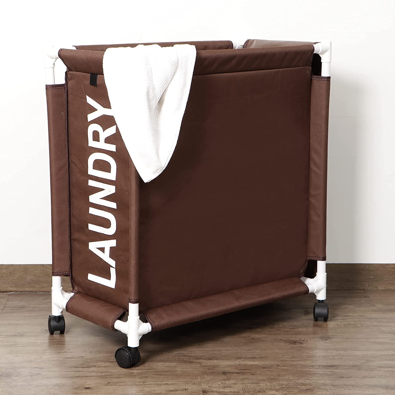 HOKIPO Oxford Fabric Laundry Basket With Wheels | Laundry Hamper with Lid Cover | Rolling Laundry Clothes Basket Trolley, 65x30x58 cm, Brown (NEW3705)-image-31