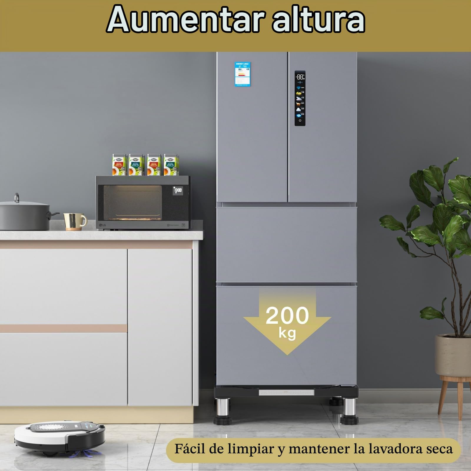 DEWEL Soporte Lavadora Ajustable para Lavadoras, Frigoríficos y Secadoras | con Cuatro Pies de Acero Inoxidable, Ancho Regulable 45-65cm, Altura 13-17cm, Carga Máxima 200 kg, Negro