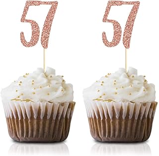 Rose Gold 57th Birthday Cupcake Topper, 24-Pack Number 57 Glitter Happy Birthday Party Cupcake Toppers, Decorations