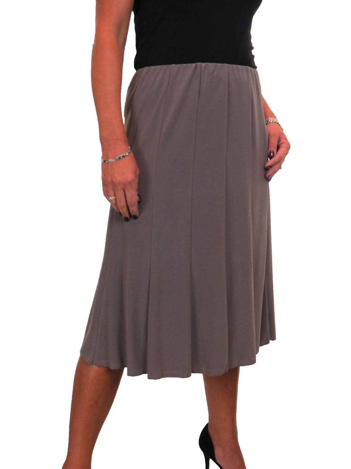 icecoolfashion Women's Below Knee Midi Swing Flare Skirt Ladies Soft Stretch Sheen Fully Lined Panel Skirt Taupe 8-22 (XL)