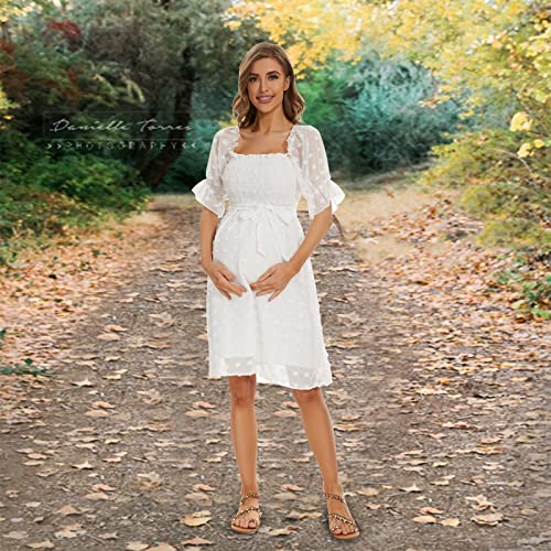 Puff Sleeve Square Neck Maternity Summer Dress For Baby Shower/Photoshoot/Holiday, Smocked Swiss Dot Maternity Midi Dress White #TOP2