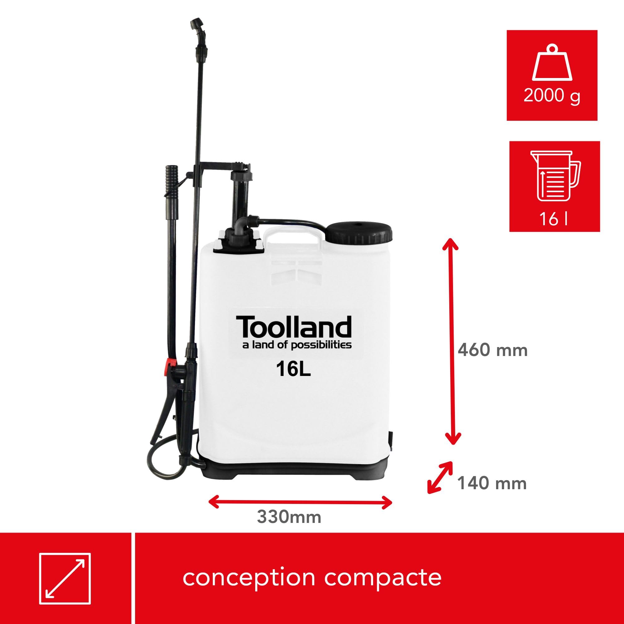 Toolland Pulvérisateur à Dos, pulvérisateur à Pression, pulvérisateur Dorsal, pulverisateur de Jardin, Vaporisateur Jardin avec Lance, desherbant Acide, capacité Max. 16 l, Blanc/Noir