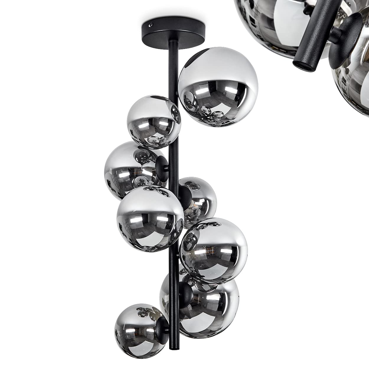 Chehalis Ceiling Light, Modern Metal/Glass Ceiling Light in Black/Smoke, Retro/Vintage Design Light with lampshades of Smoked Glass, 8-Flame, 8 x G9, Bulbs not Included