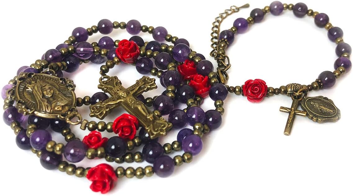 Immaculate Heart of Mary Purple Amethyst Stone and Red Rose Rosary and Bracelet Set - Catholic Rosary - Rosarios Catolicos - Catholic Gifts Women - Regalos Catolicos Para Mujer, Stone, Amethyst - Image 5