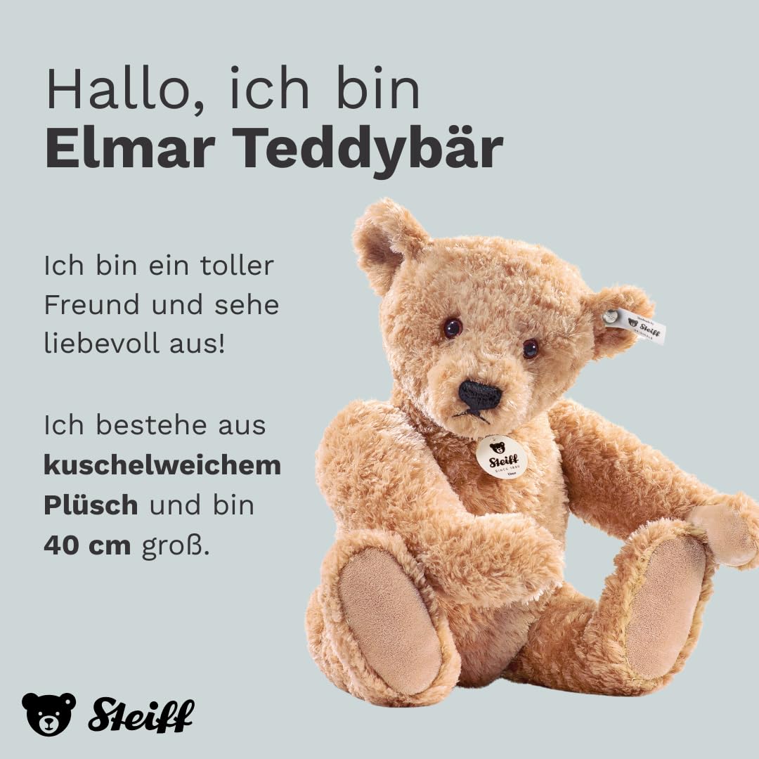 Steiff Kuscheltier Elmar Teddybär, Süßes Stofftier mit Kunststoffaugen, Kinder, Jungen & Mädchen, Plüschtier 40 cm, Beige, 022463