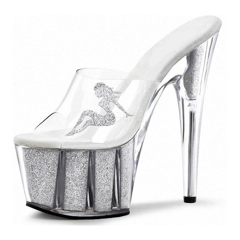 Hyfzxwx Women's E Splitter Clear High Heels Sequins Platform Mules Sandals Sexy Stripper Club Pol Danc Wedding Dress Party Shoes Larg Siz High/E/37Eu