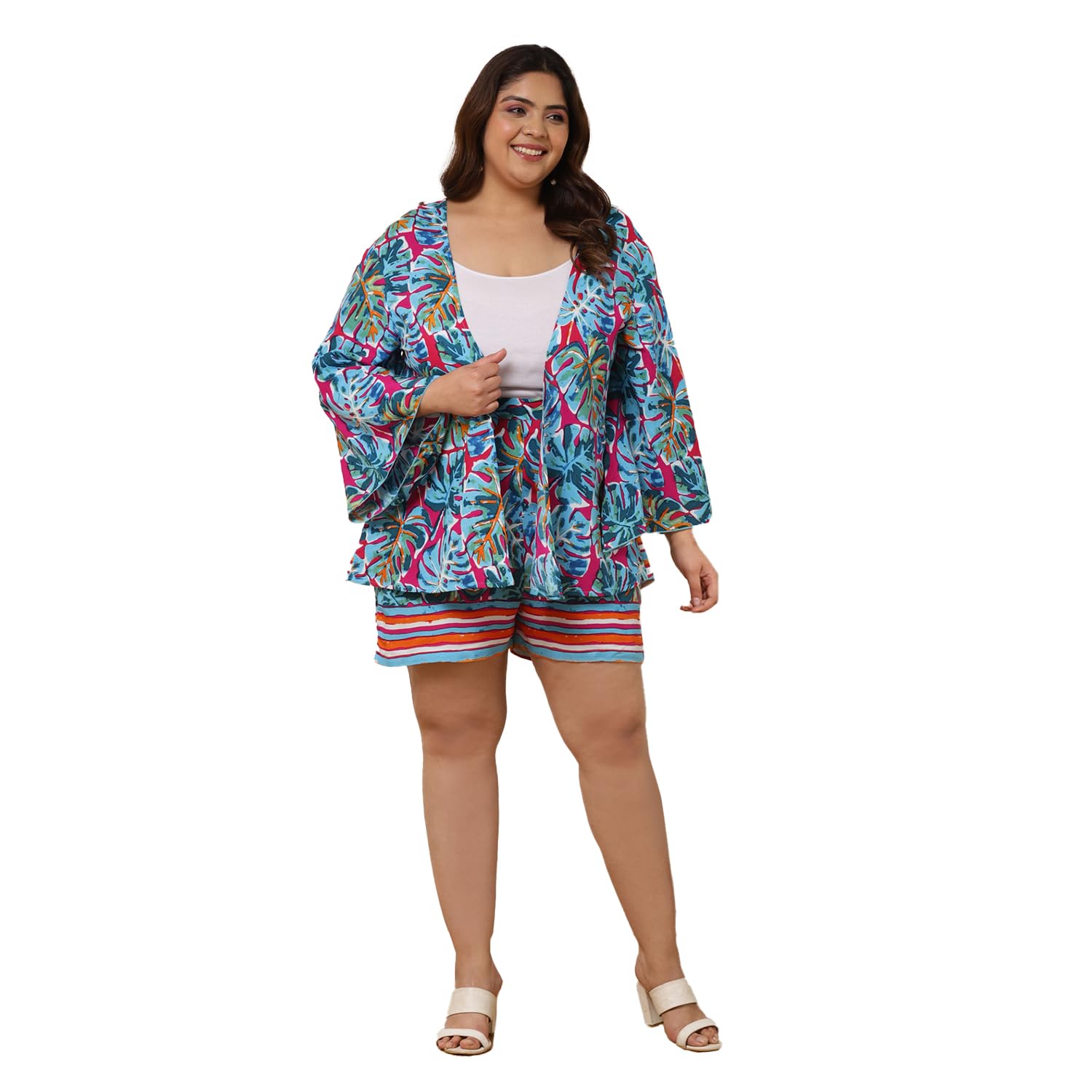 deebaco Women's Tropical Print Rayon Plus Size Shrug & Shorts Set|Open Front Full Sleeves Shrug & Elasricated Waist Shorts Western Casual Wear Girls Cord Set Outfit for Ladies-picture-27