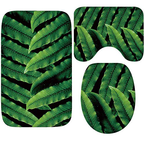 GRGFG Badvorleger Set,Badematten Teppich-Set 3 Stück Farnblätter 3D-Druck rutschfeste Badematten Weiche Mikrofaser…