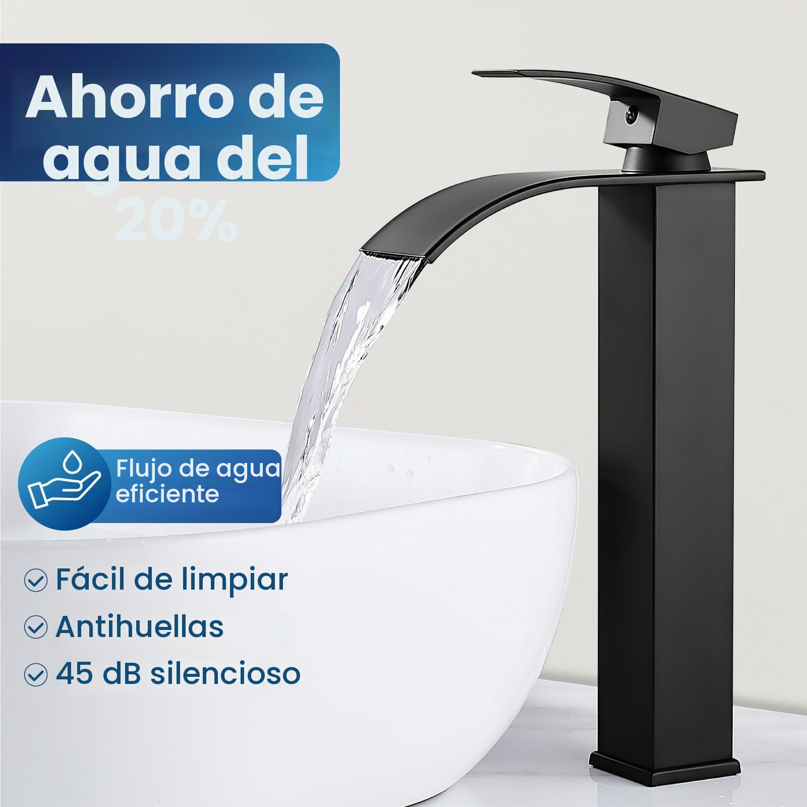 Airuida Grifo de baño de cascada alto de latón negro mate con un solo agujero de montaje en cubierta con boquilla rectangular grande para lavabo