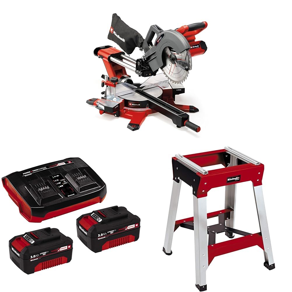 Einhell Akku-Zug-Kapp-Gehrungssäge TE-SM 36/10 L Li Power X-Change (36 V, 254 mm Sägeblatt, 3800 min^-1, Schnittlinien-Laser, inkl. 2x3,0 Ah Akku & Twincharger, inkl. Untergestell)