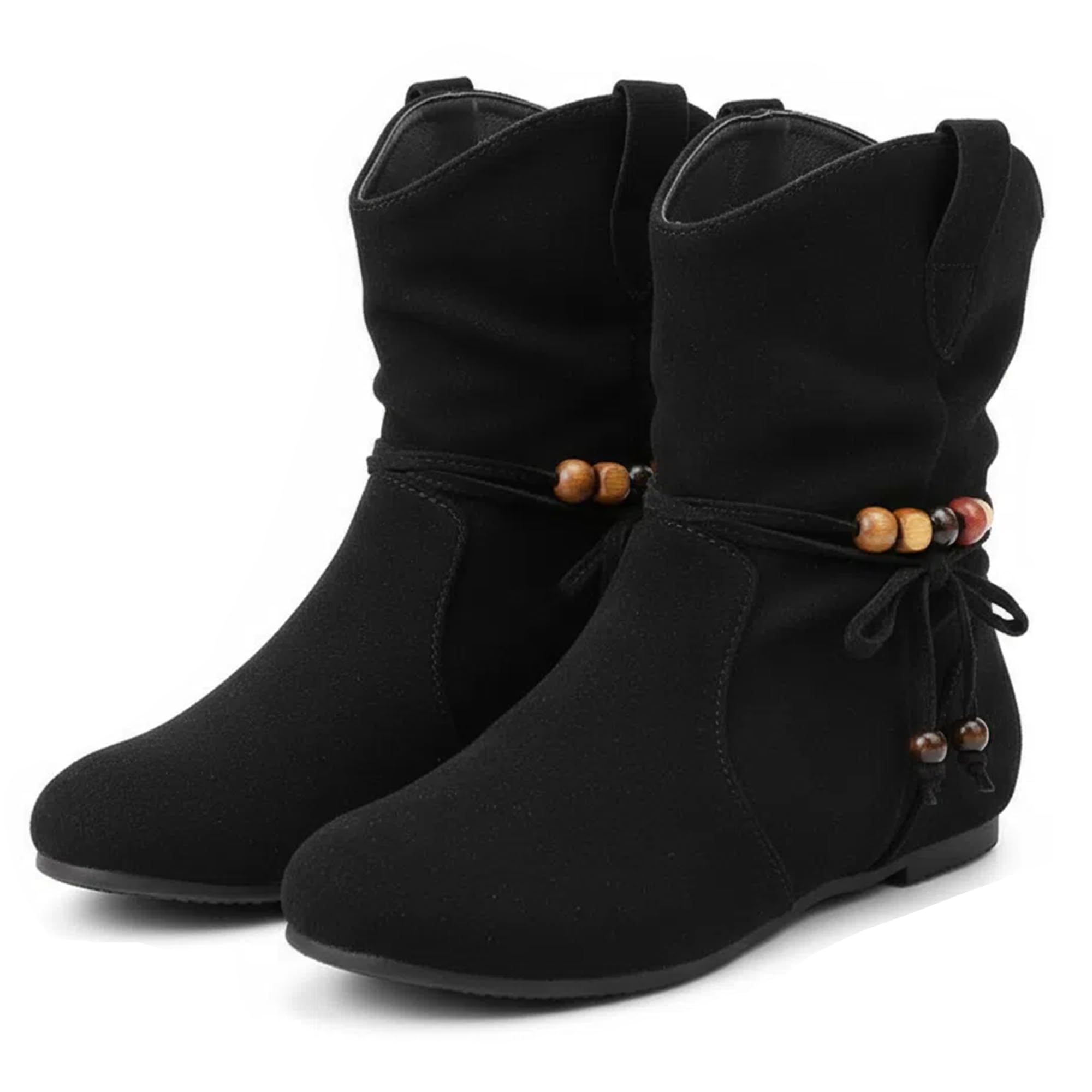 Womens Suede Flat Western Cowboy Boots Fashion Beaded Low Heel Slip On Casual Rider Ankle Boots Retro Party