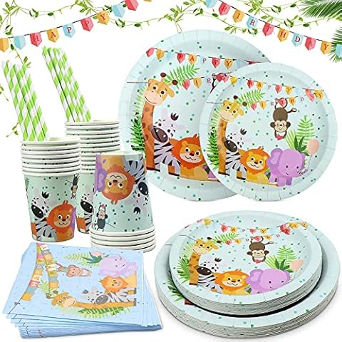 Homgaty Party Tableware Set, Disposable Paper Plates Straws and Cups Napkins Sets, Baby Shower Tableware for Boys Girls Kids Birthday Party Wild One Decorations Cover