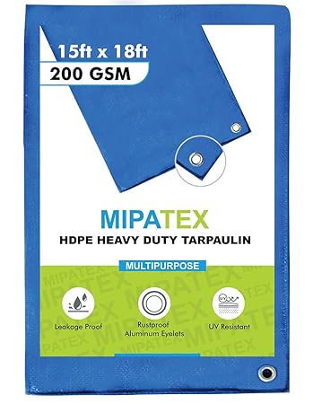 Mipatex Tarpaulin Sheet Waterproof Tirpal Heavy Duty 15ft x 18ft, Poly Tadpatri with Aluminium Eyelets Every 3 feet - Multipurpose 200 GSM Plastic Cover Tharpai for Truck, Home Roof, Rain (Blue)