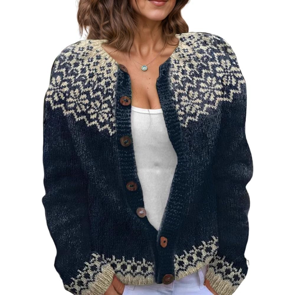 Womens Fair Isle Pattern Knit Cardigan Sweater Vintage Button Down Open Front Jacket Coat for Fall Winter 2025