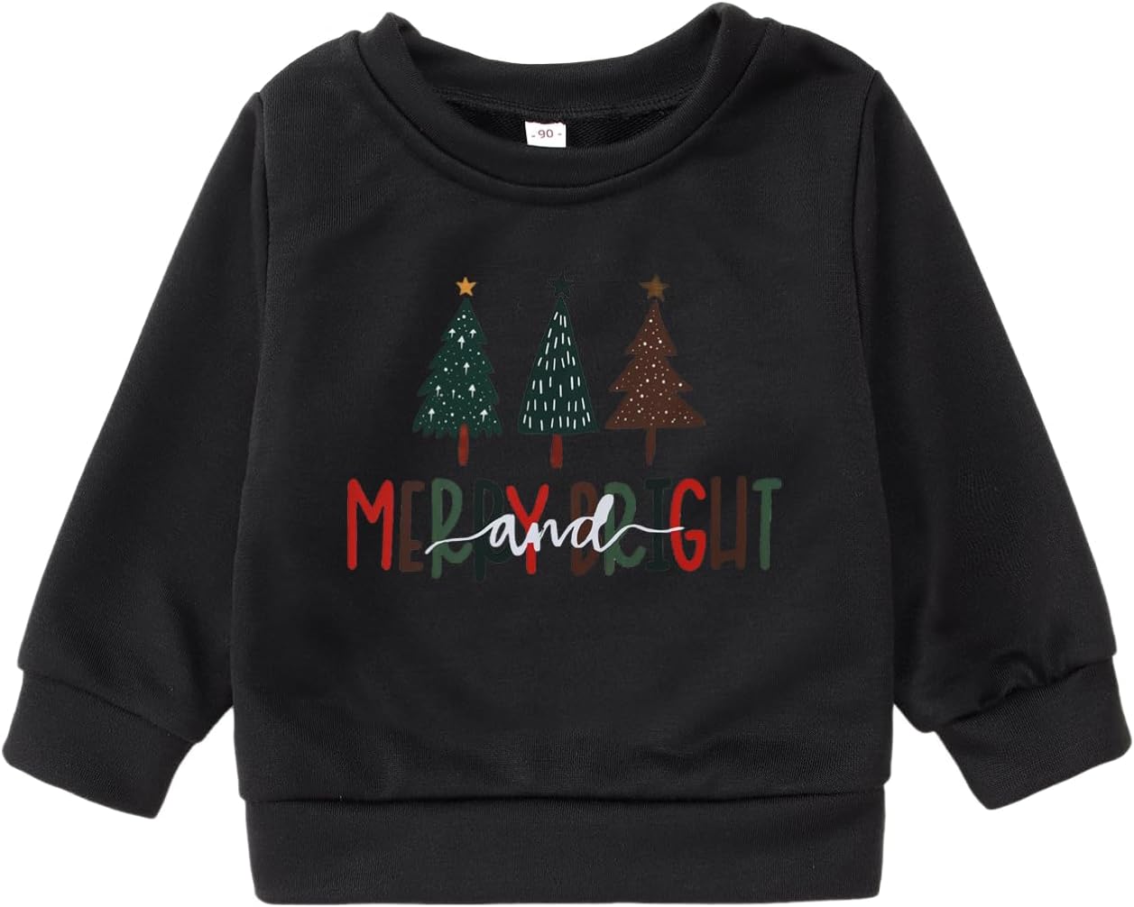 Toddler Baby Girl Boy Christmas Tree Sweatshirt Merry and Bright Xmas Pullover Shirt Long Sleeve Fall Winter Clothes