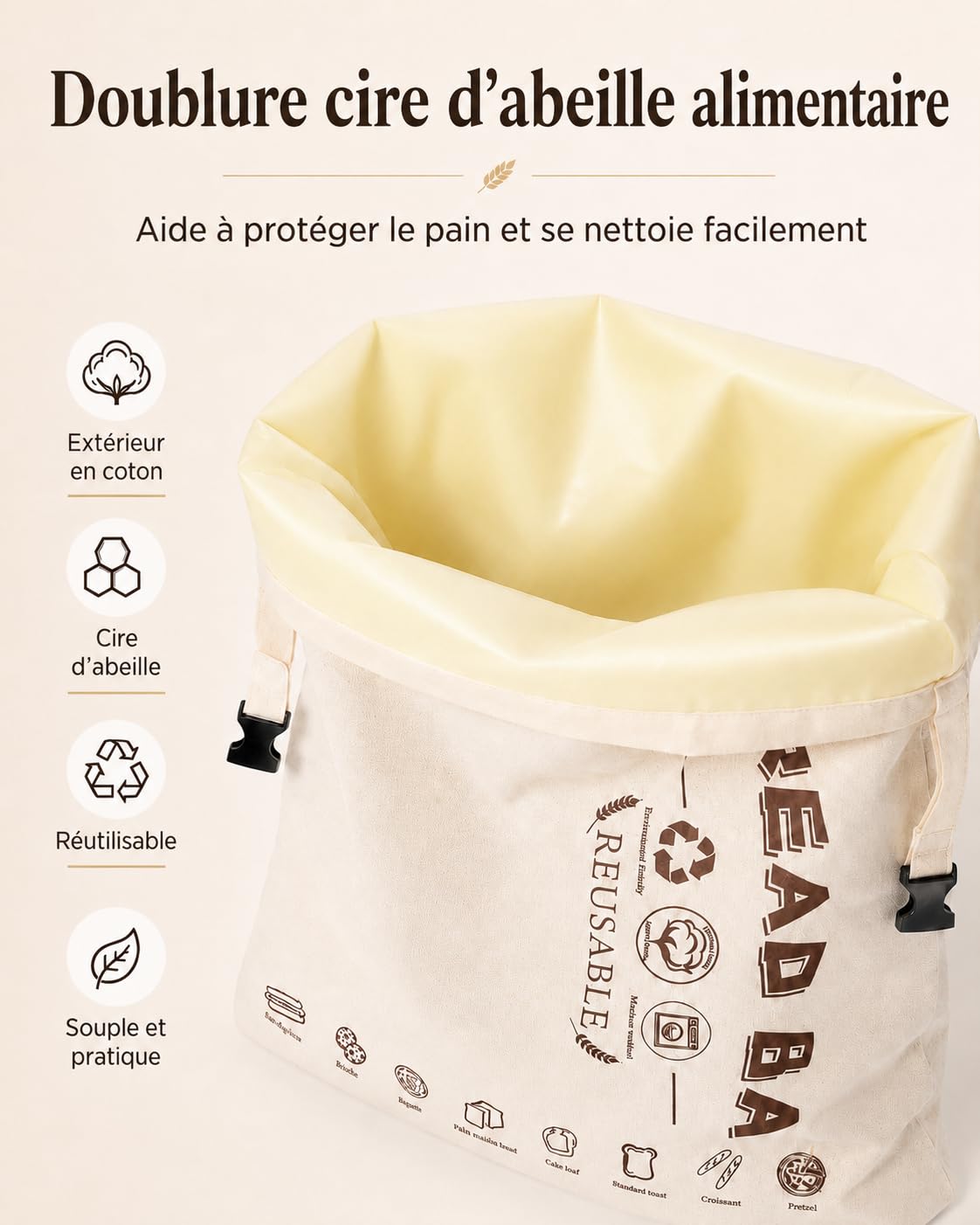 Bienenwachs Brotbeutel 2er Set, 43 x 32 cm, Bienenwachsbeutel aus Baumwolle Wiederverwendbar, Brotbeutel Bienenwachs Rollverschluss mit Klickverschluss und Griff, für Sauerteigbrot, Baguette und Gebä