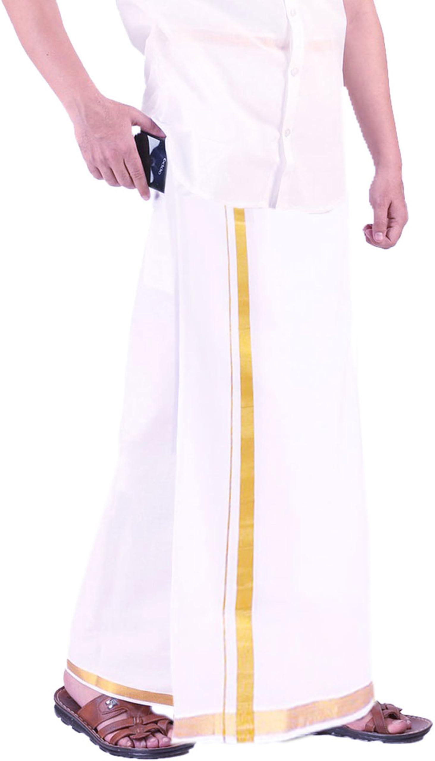 Prakasam Cotton Men's Fine Quality Welcro Pocket Jari Cotton Double Dhoti (32)