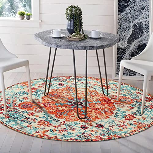 Lahome Bohemian Floral Medallion Round Rug - 4Ft Soft Bedroom Area Rug Oriental Distressed Washable Entryway Foyer Throw Mat Non-Slip Door Carpet For Dining Living Room Bedside Nursery, Orange/Multi #TOP7